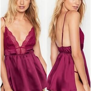 Victorias Secret VS Womens Coquette Lace Slip Babydoll Dress Chemise Size S Wine